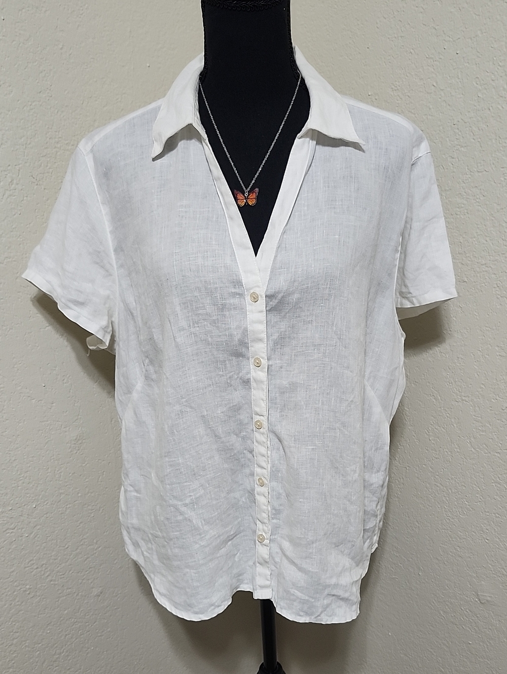 Eddie Bauer Women's 100% Linen Short Sleeve Button Up Shirt White XL EUC